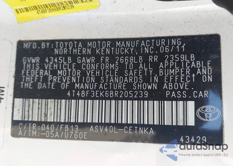 2011 Toyota Camry Le z USA, uszkodzony, nr VIN 4T4BF3EK6BR205239